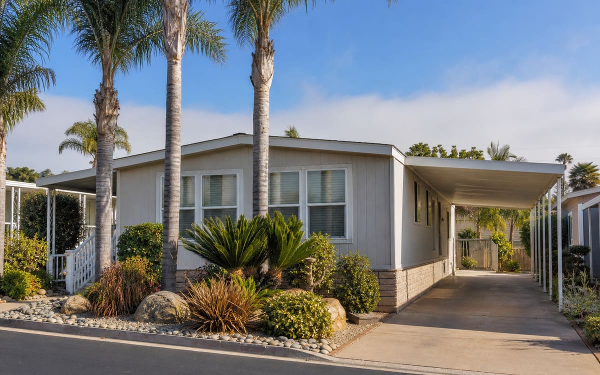 A manufactured home with coastal landscaping in a North County San Diego community