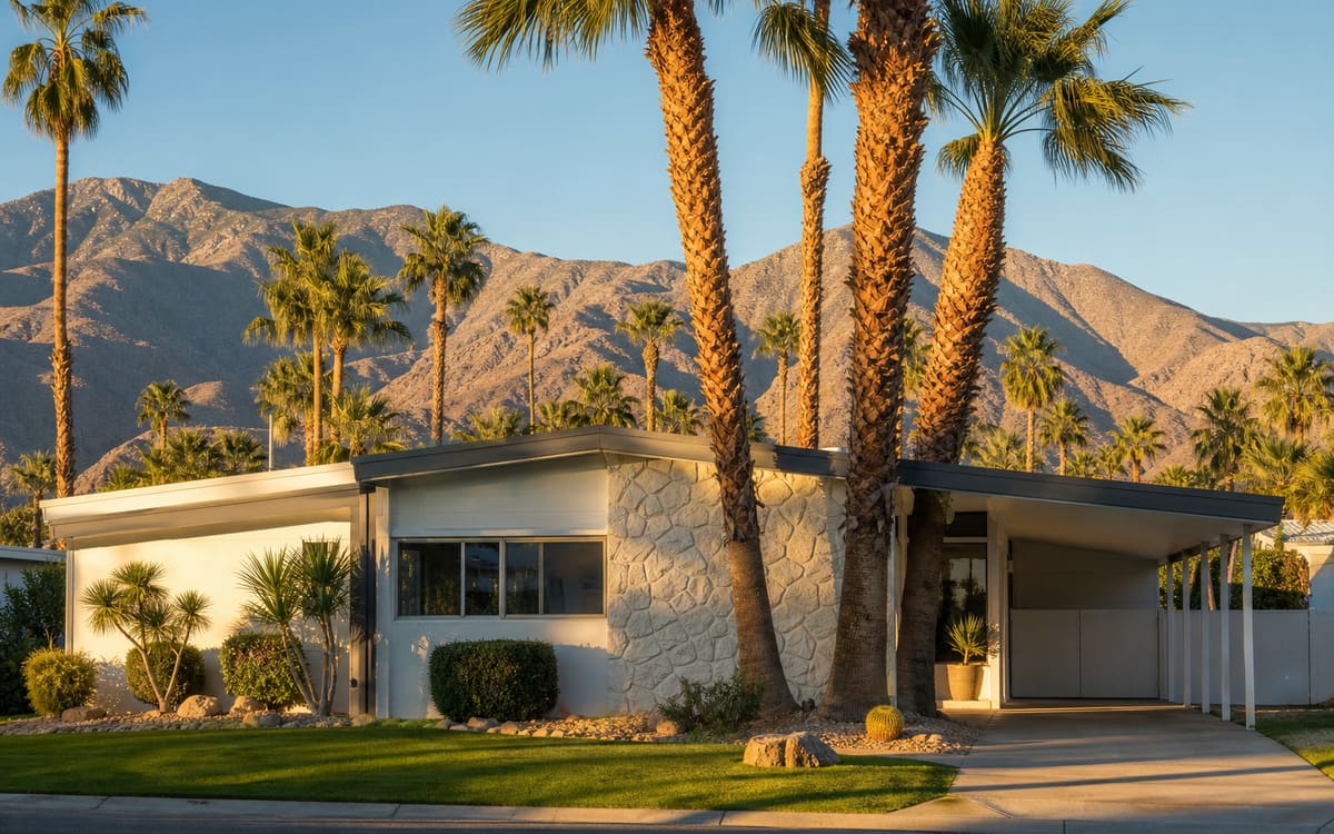 A mid-century-styled manufactured home in a Coachella Valley desert resort community