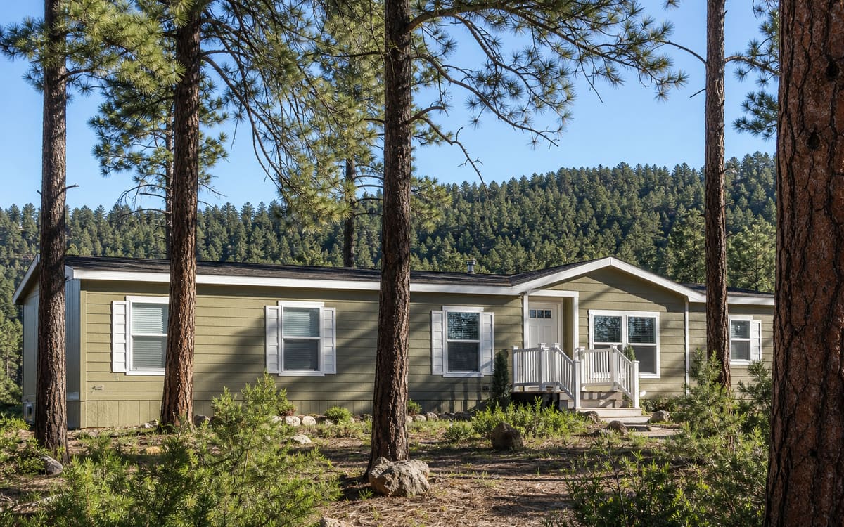 A manufactured home beneath tall pines in Arizona Rim Country