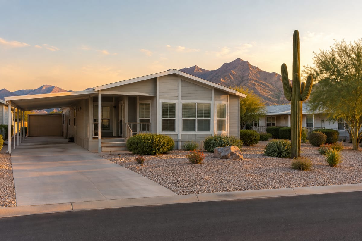 A manufactured home in a northwest Phoenix valley community with gravel landscaping and a saguaro