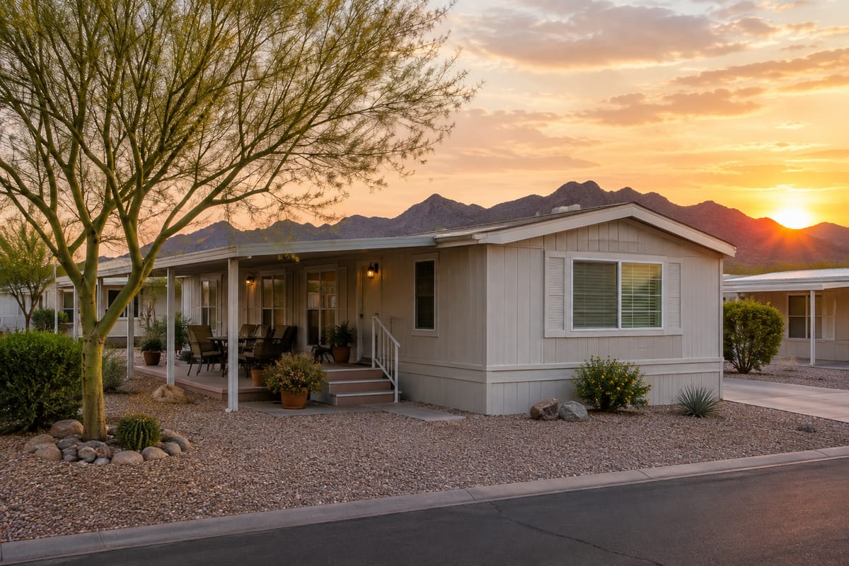 A manufactured home in a Phoenix desert community with a palo verde tree and mountains at sunset