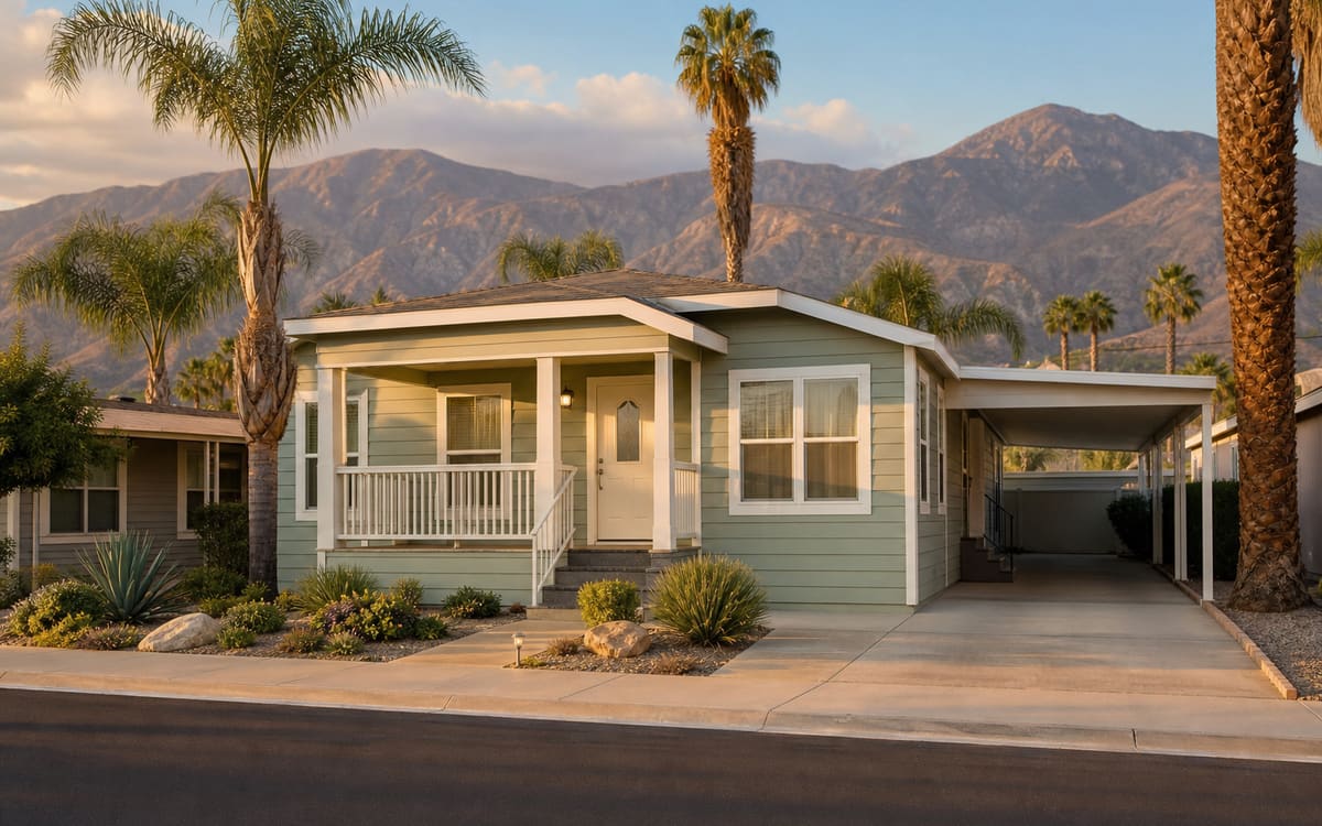 A tidy manufactured home with a porch in an established Inland Empire neighborhood