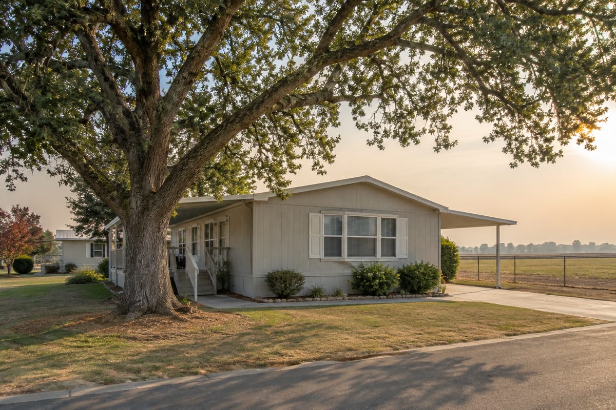 A manufactured home under a valley oak in a Sacramento-area community