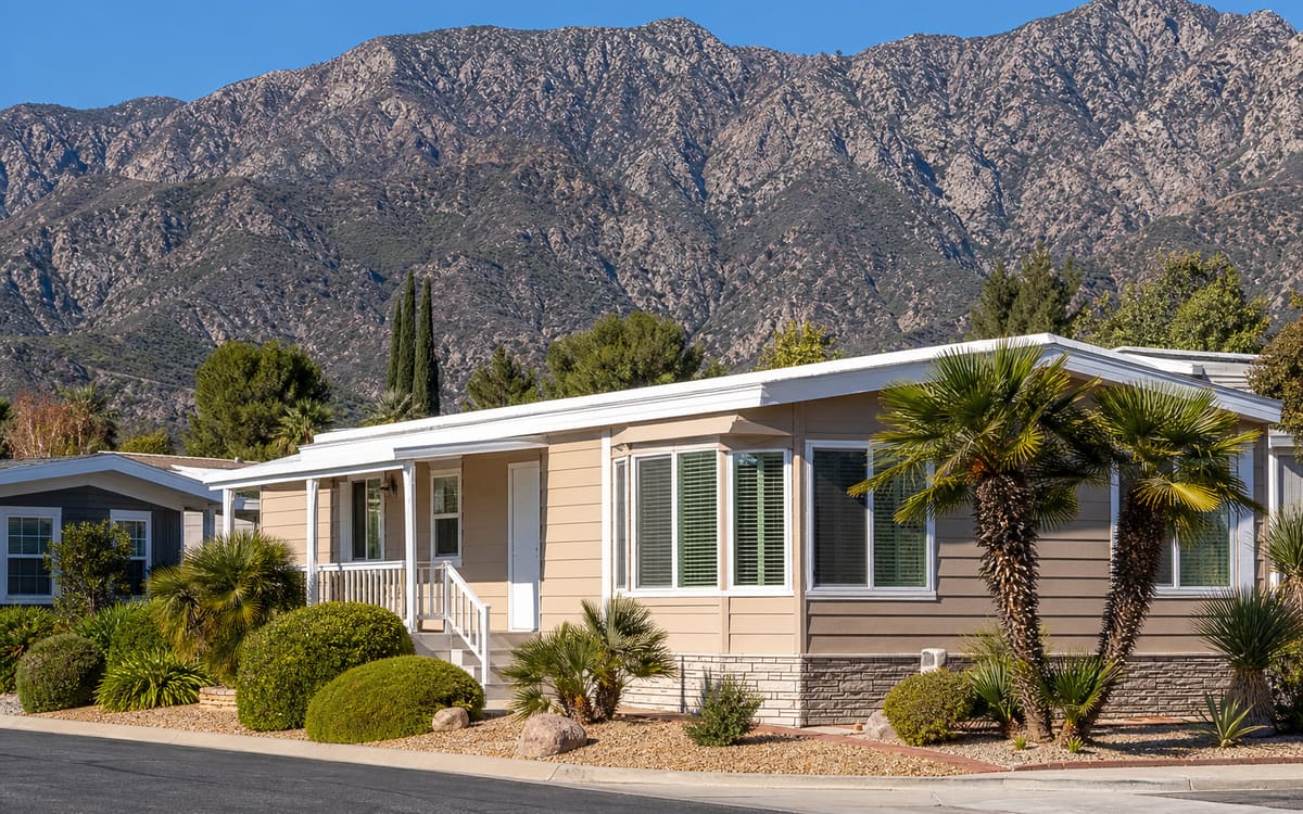 A well-kept manufactured home in an Inland Empire neighborhood with the mountain wall rising behind