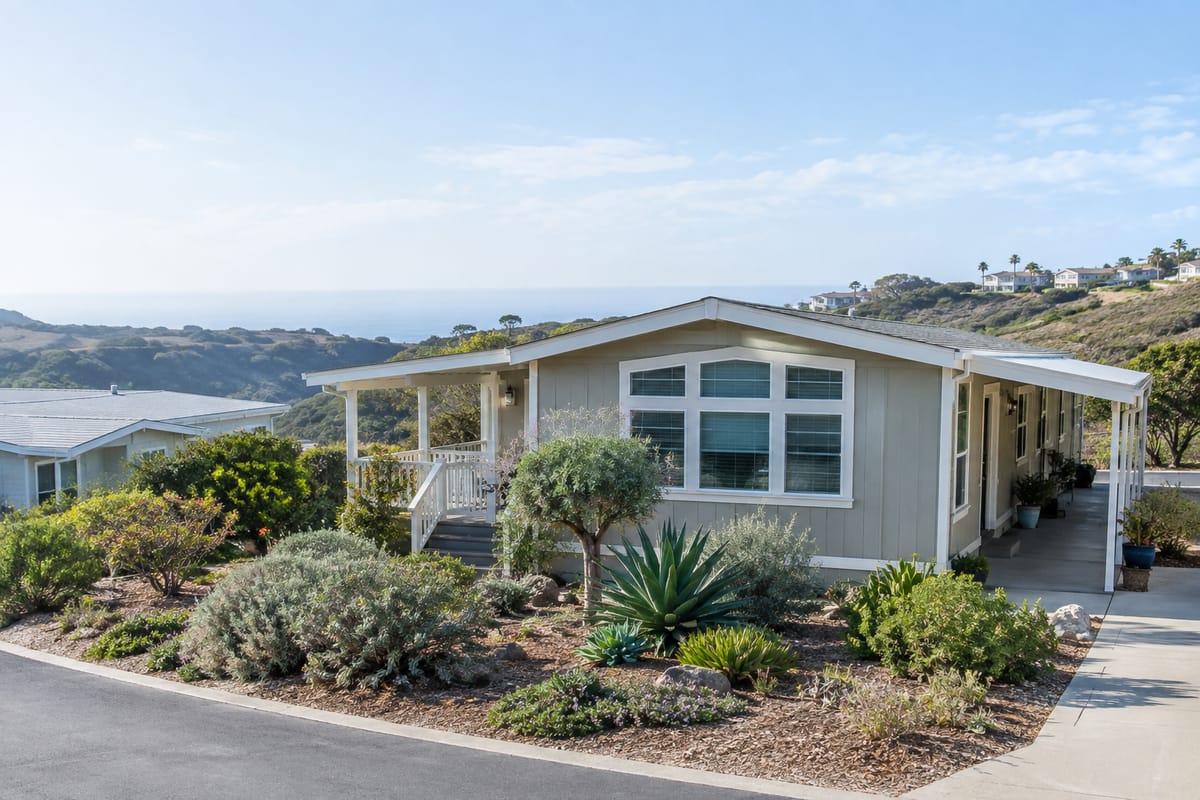 A manufactured home with coastal landscaping in a San Diego County community