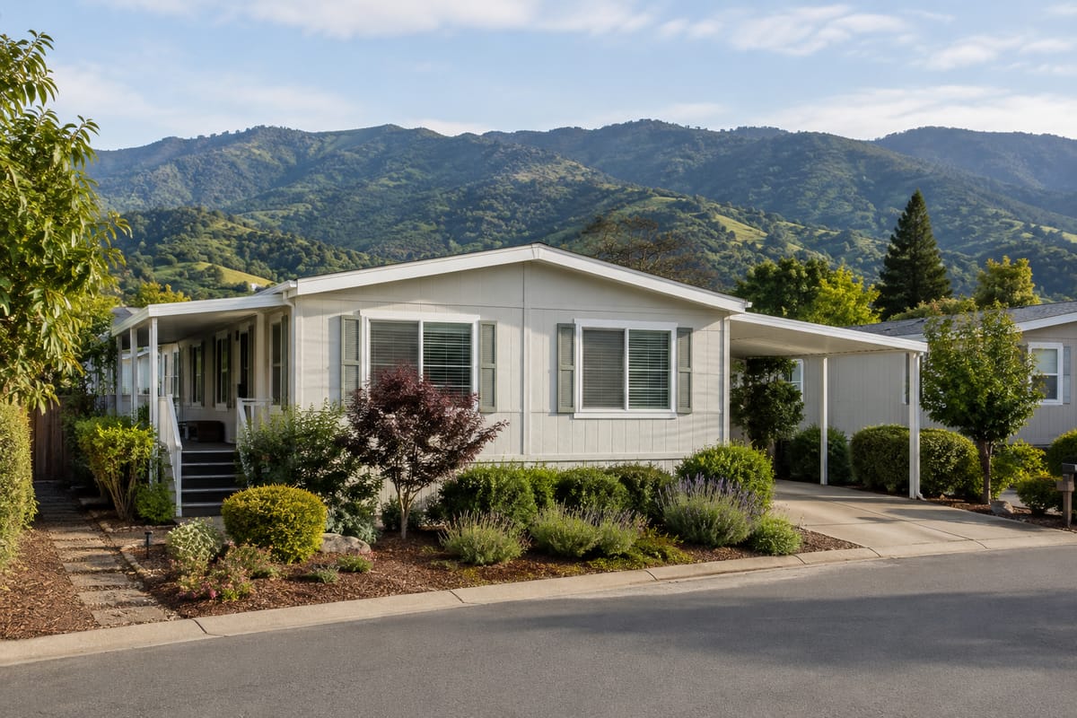 A manufactured home on a landscaped lot in a Santa Clara Valley community with foothills behind