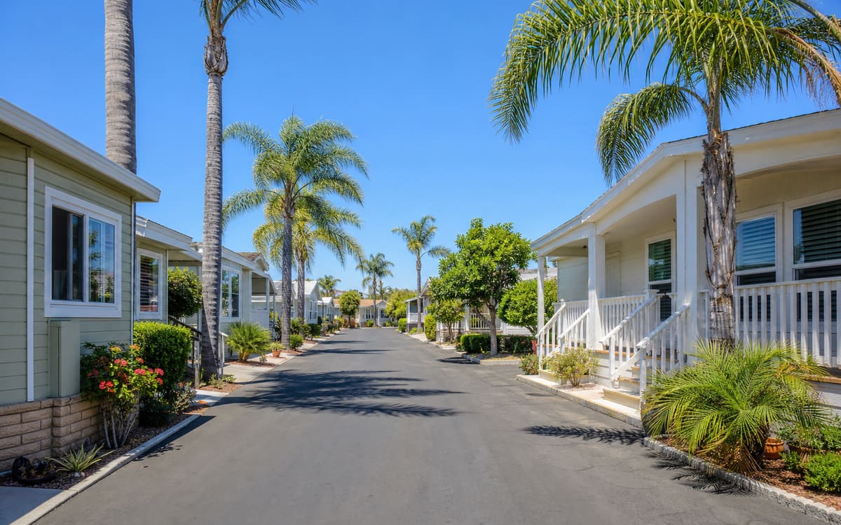 A clean urban manufactured home community lane in central Orange County
