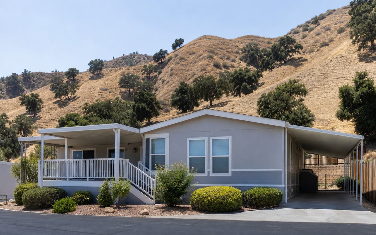 A manufactured home in a Santa Clarita Valley setting with golden hills behind