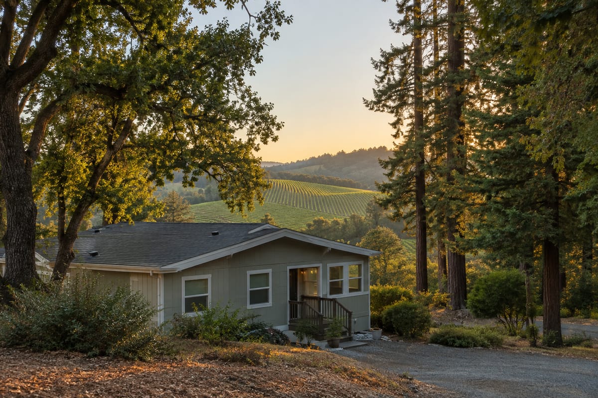 A manufactured home among oaks in a Sonoma County community with a vineyard hillside in the distance