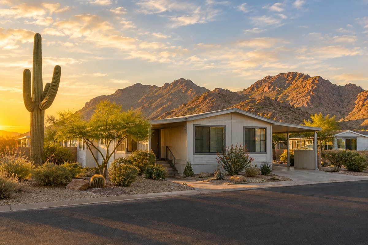 A manufactured home in a Scottsdale desert community with saguaro cactus and rugged mountains behind