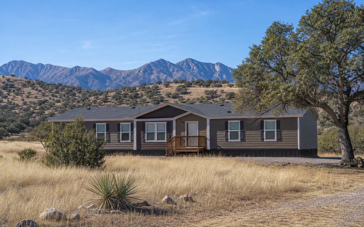 A manufactured home in high-desert grassland of southeastern Arizona with a mountain range behind