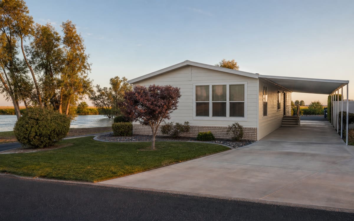 A manufactured home in a Northern San Joaquin Valley California neighborhood