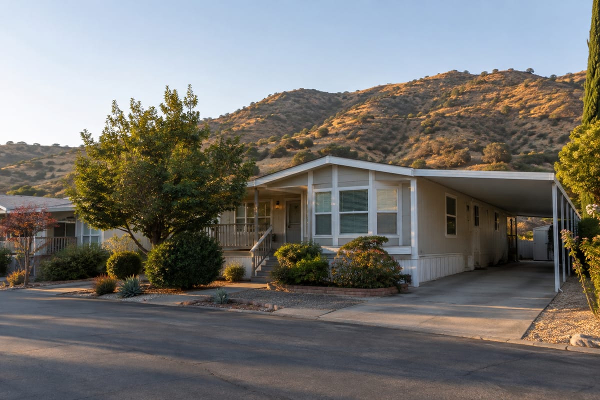 A manufactured home in a San Fernando Valley foothill community with chaparral hills behind