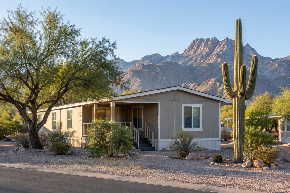 A manufactured home in a Tucson desert community with saguaro and mesquite and mountains behind