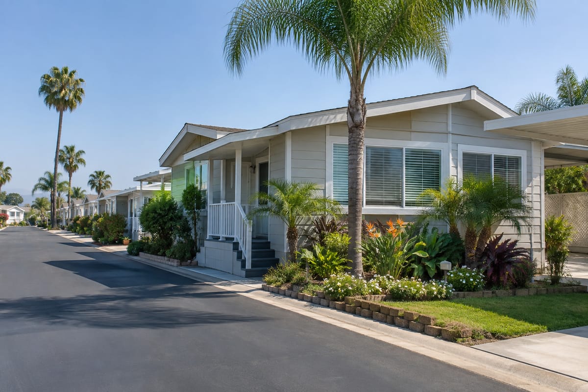 A light-gray manufactured home with a small front porch and palms on a paved community street