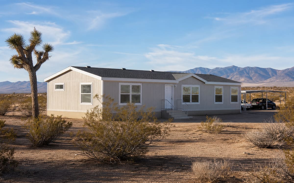 A manufactured home on open California high-desert land with Joshua trees and distant ranges