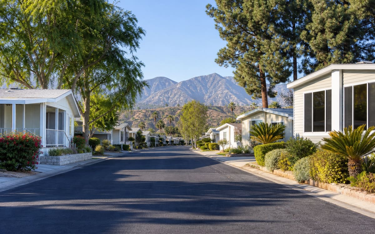A manufactured home community street in the San Bernardino County foothills