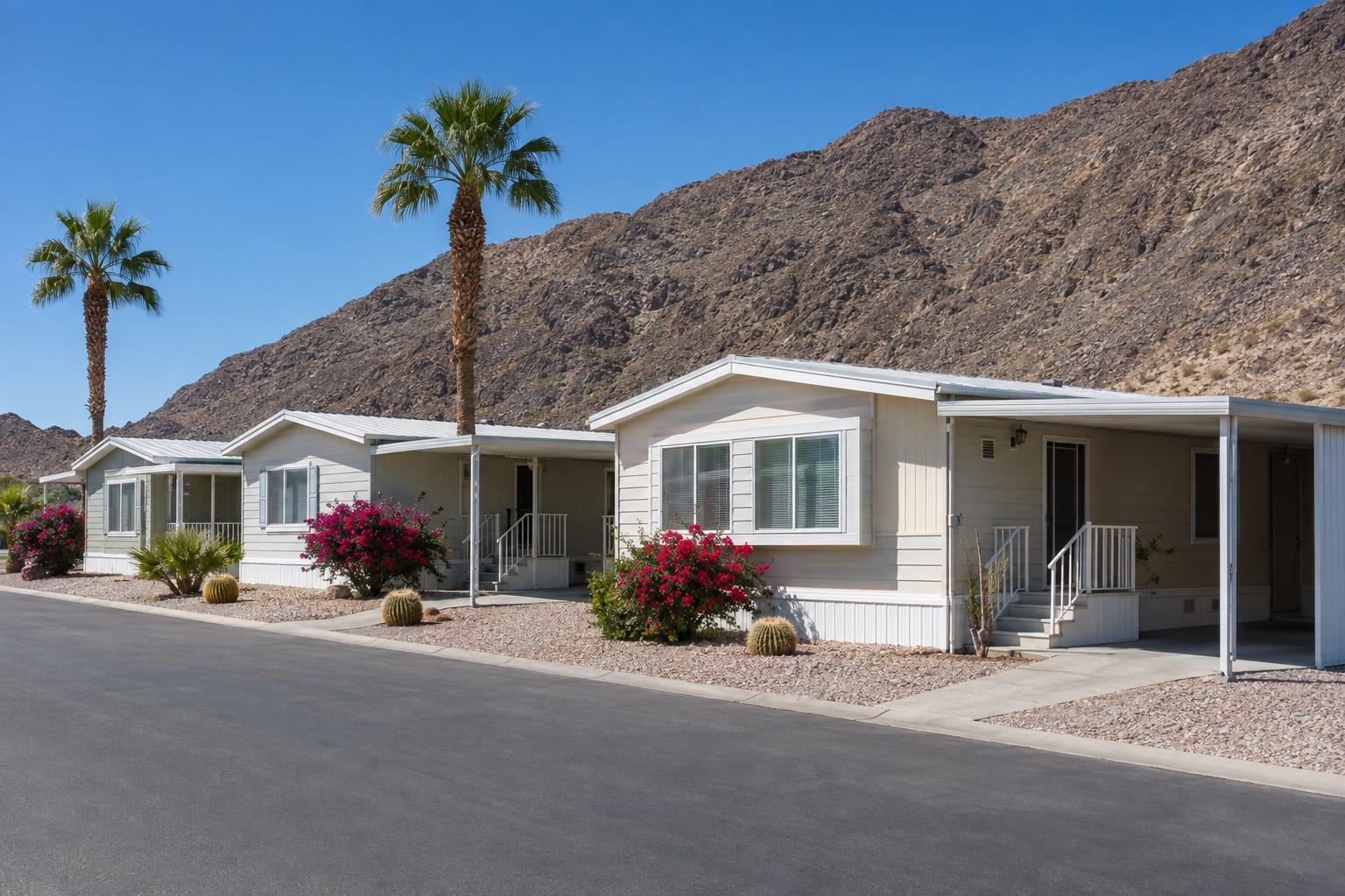 Double-wide manufactured homes with white roofs, gravel yards and fan palms on a desert community street, with a steep bare mountain rising close behind