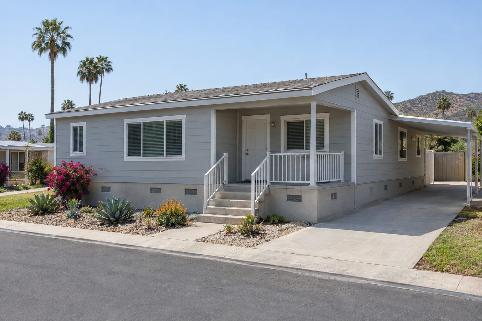 A double-wide manufactured home on a low concrete perimeter foundation with a small covered porch, on a lot in a Southern California community.
