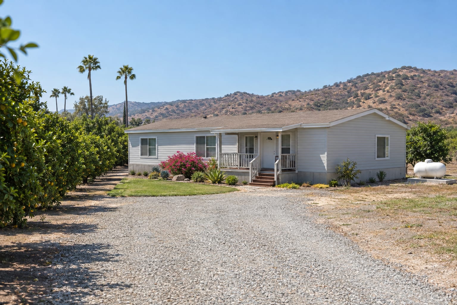 A double-wide manufactured home on a rural lot beside a citrus orchard, with a propane tank near the house and dry hills behind