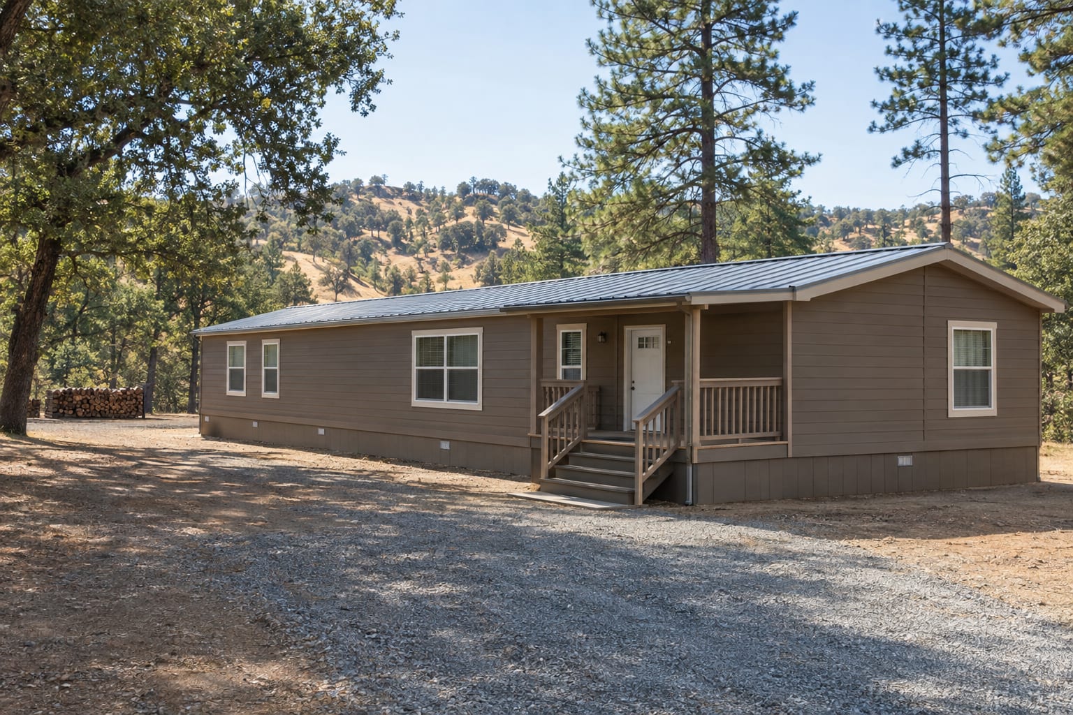 A manufactured home with a metal roof on a lot among tall pines and oaks, with the ground around it cleared of brush.