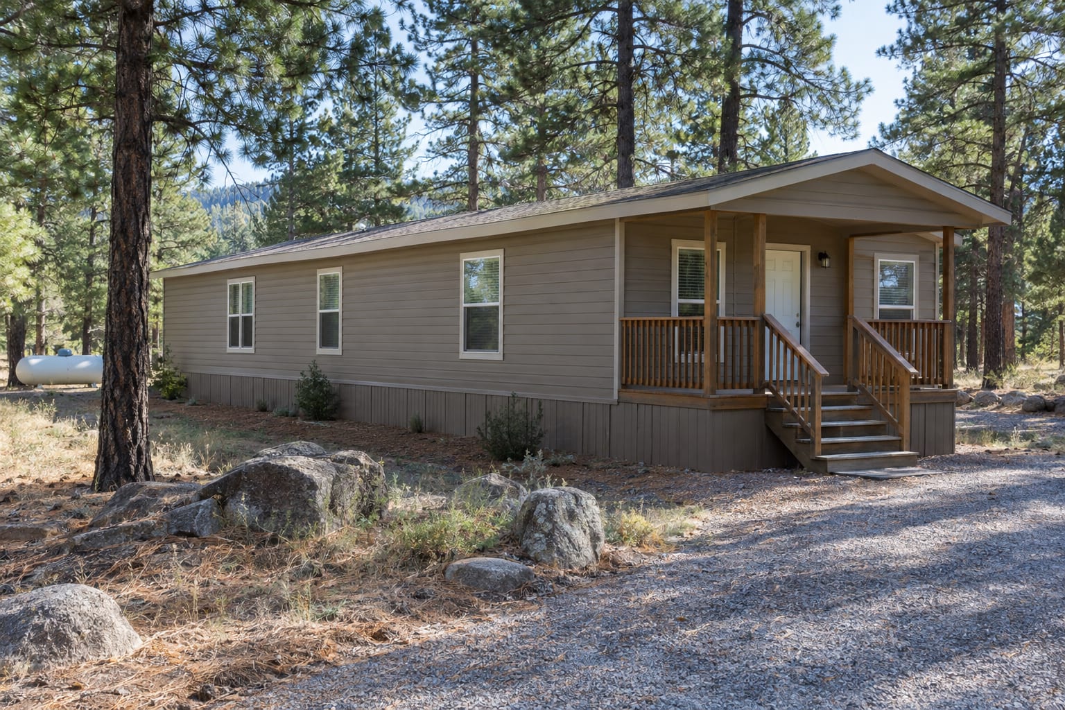 A manufactured home with a covered porch and a propane tank on a lot among tall ponderosa pines.