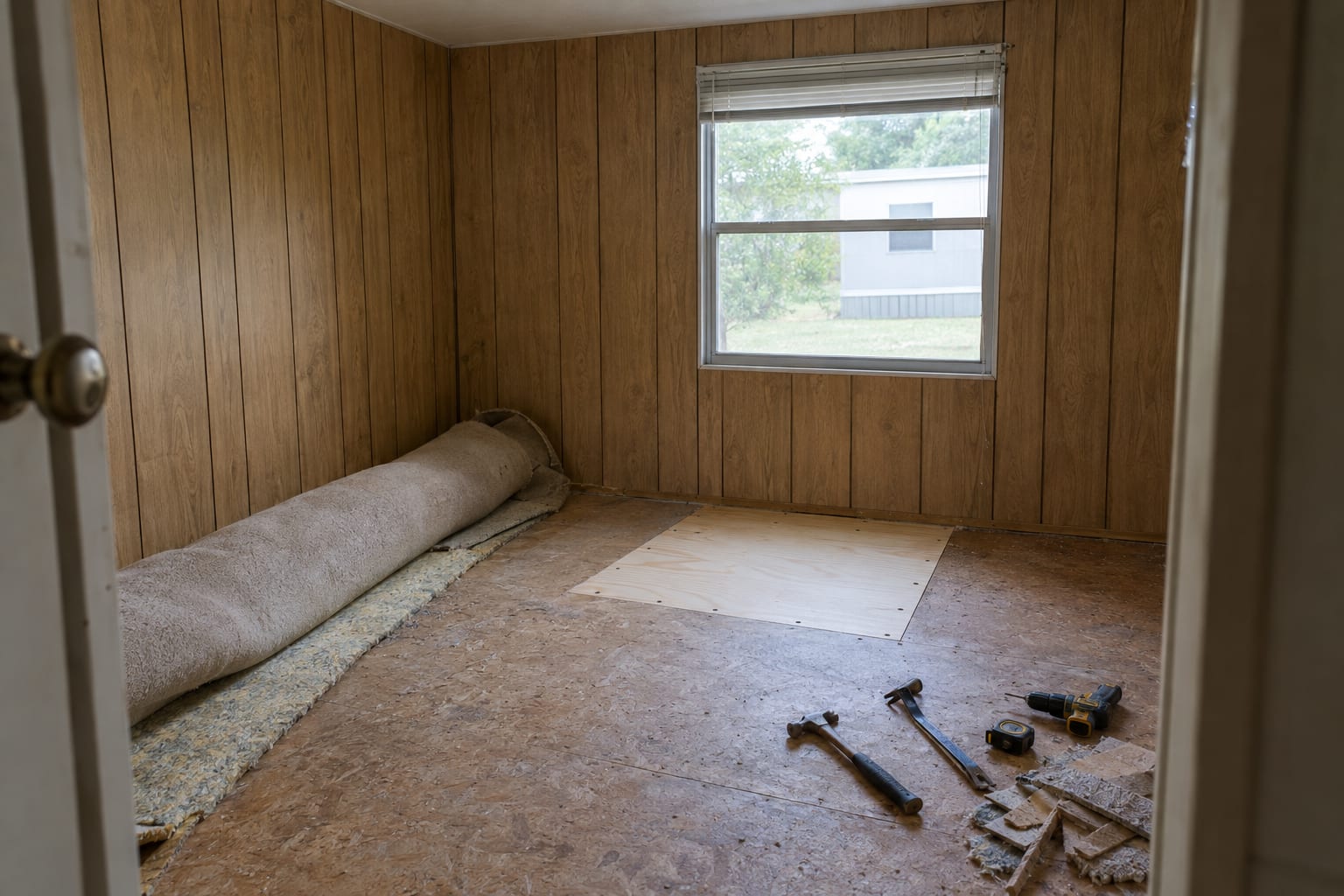 A room in an older manufactured home with wood-grain wall paneling, the carpet rolled back and a new plywood patch set into the subfloor