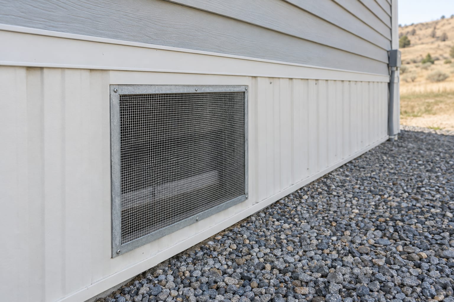 A skirting vent covered with fine metal mesh at the base of a manufactured home, with bare gravel along the foot of the skirting.
