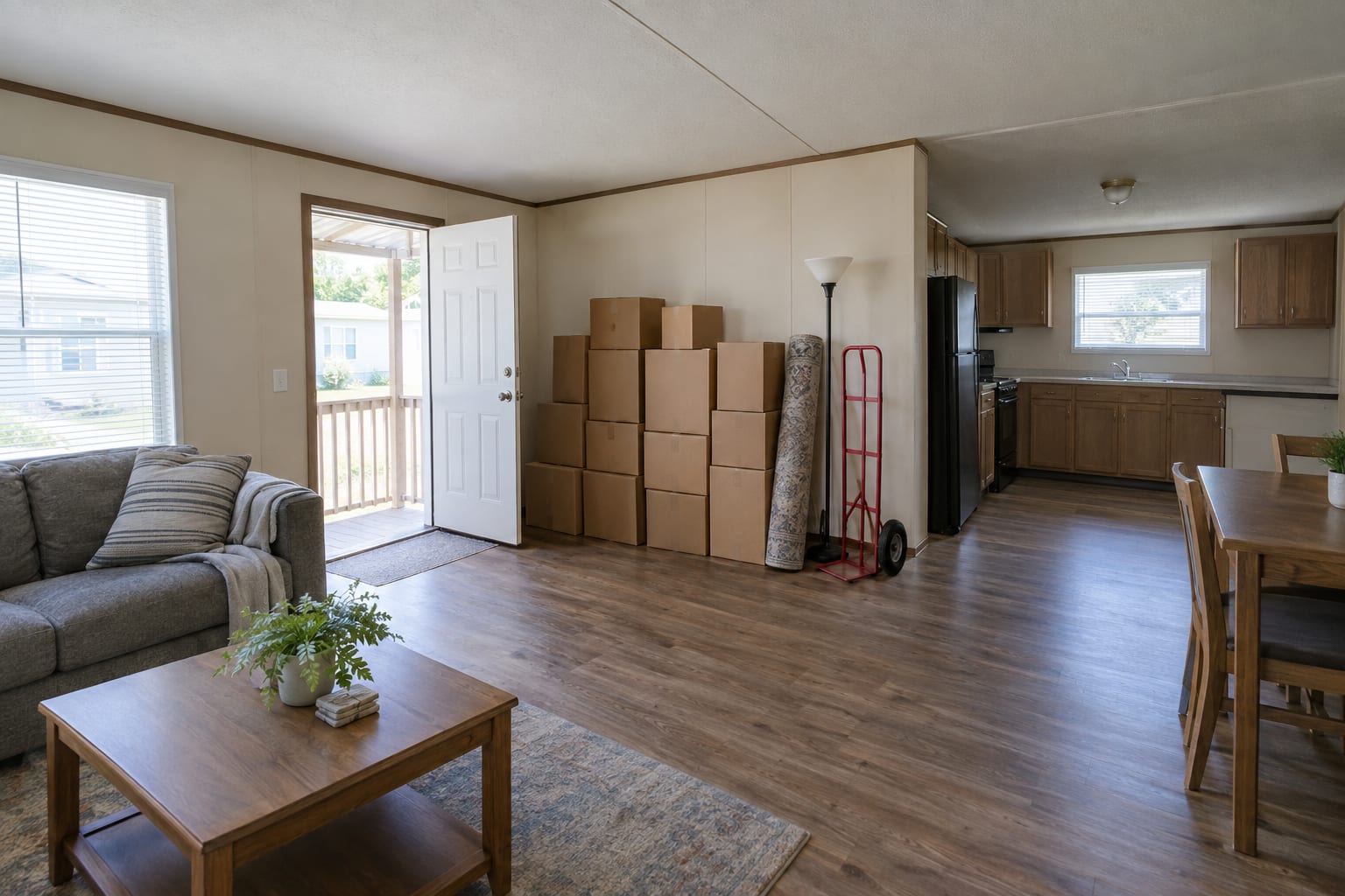 Plain cardboard moving boxes, a rolled rug and a hand truck in the living room of a manufactured home