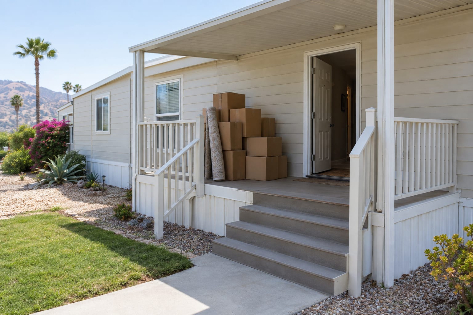 Moving boxes stacked on the covered porch of a manufactured home beside the front door