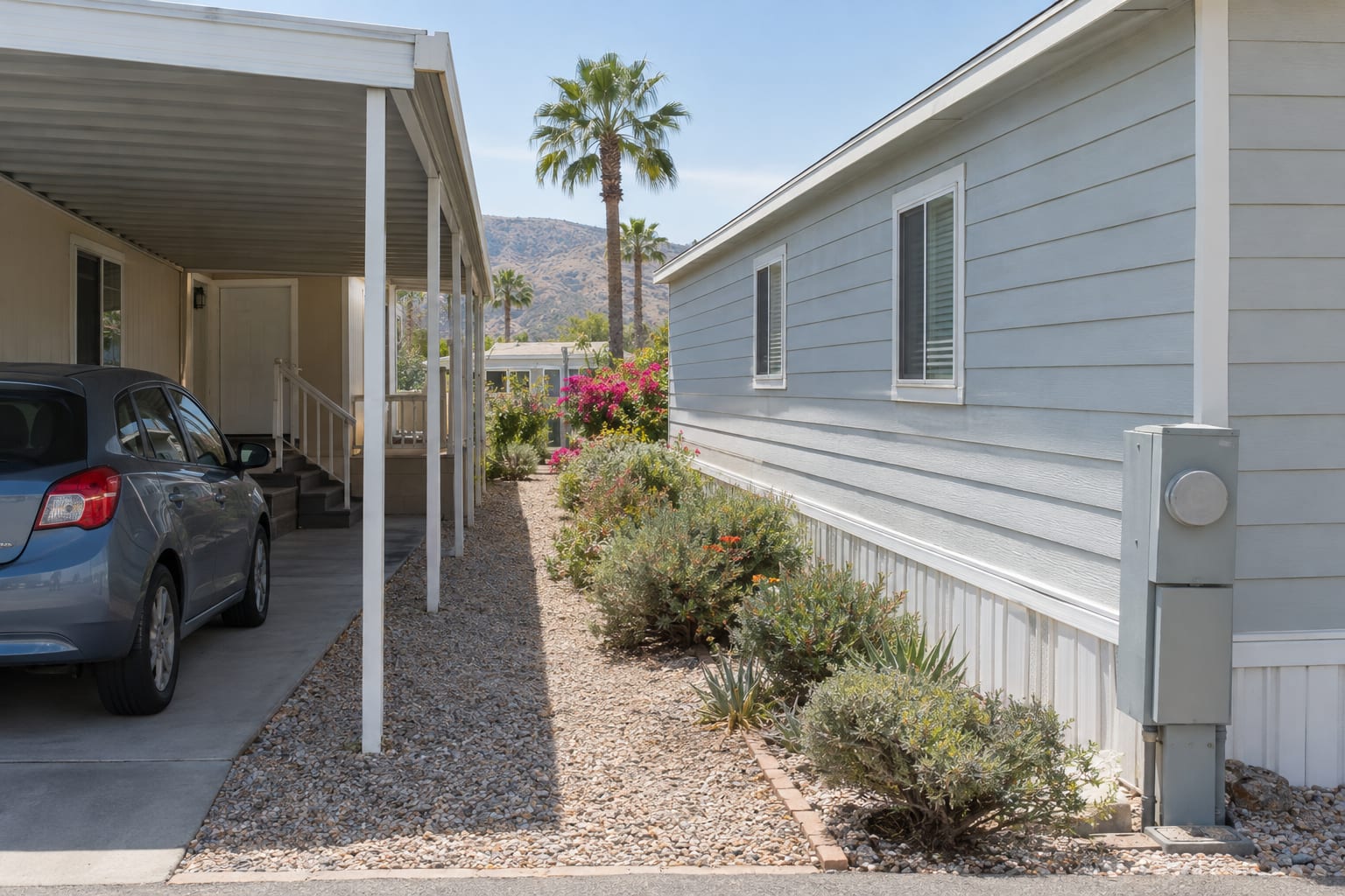 A narrow gravel side yard between two manufactured homes in a community, with a carport on one side and windows facing it on the other.