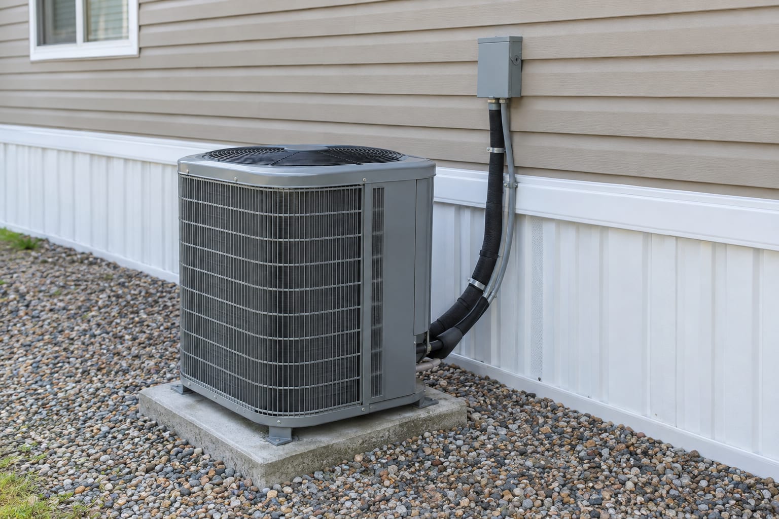 A new air-conditioning unit on a concrete pad beside the skirting of a manufactured home.