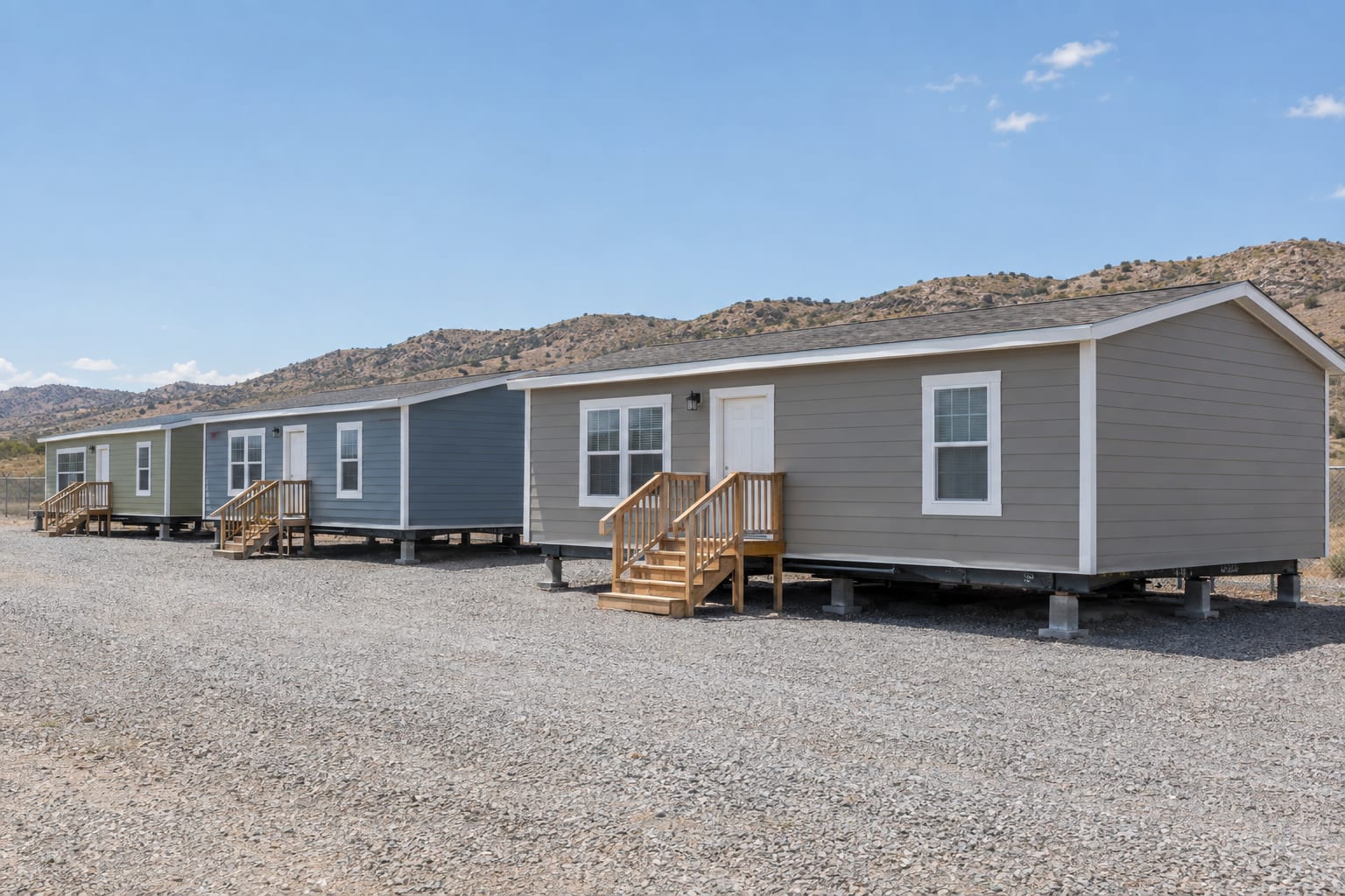 Three new manufactured homes on display in a row on a gravel lot, each with temporary wooden steps at the door.