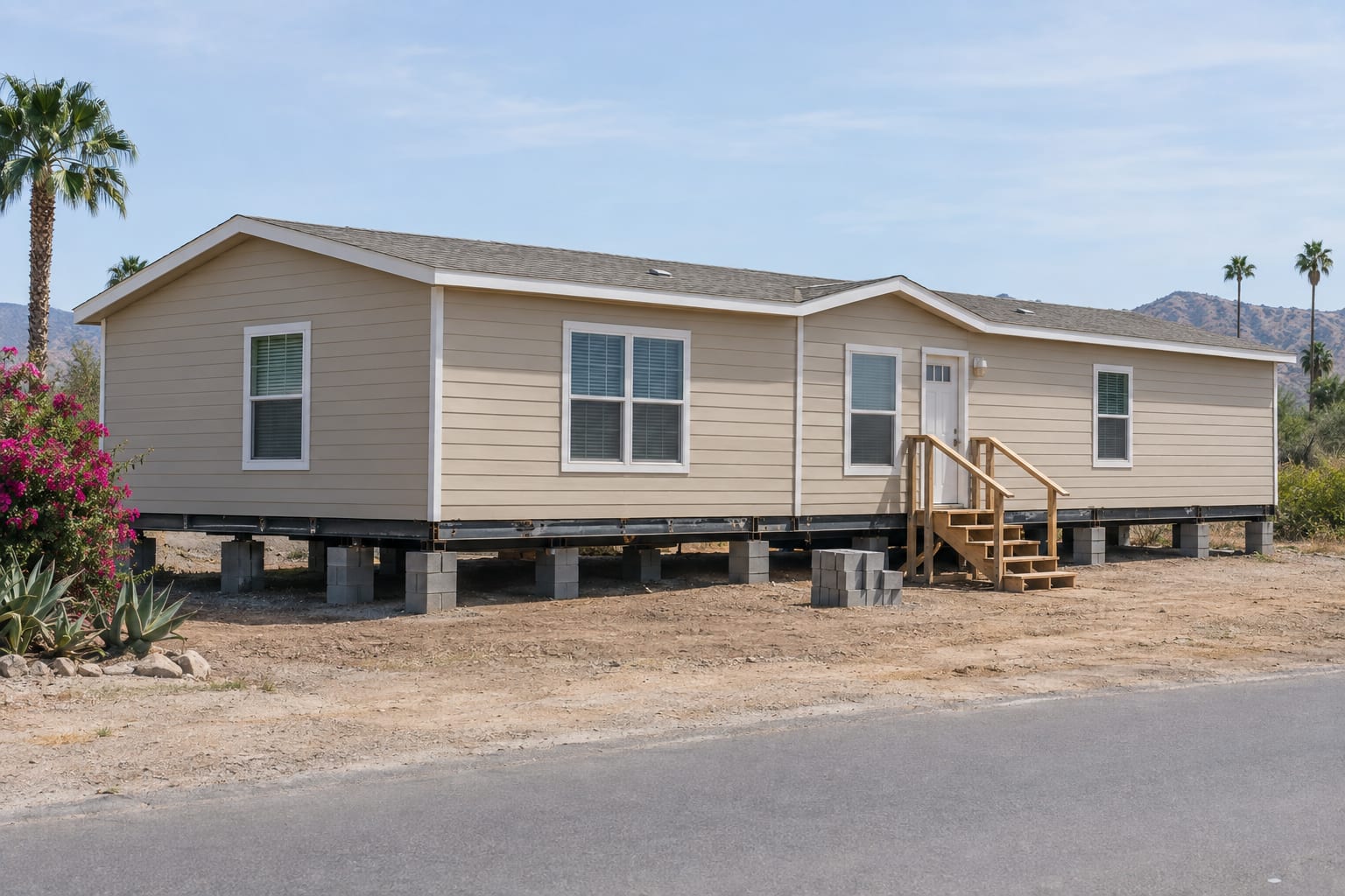 A new double-wide manufactured home partway through installation, its steel frame resting on concrete-block piers with no skirting yet