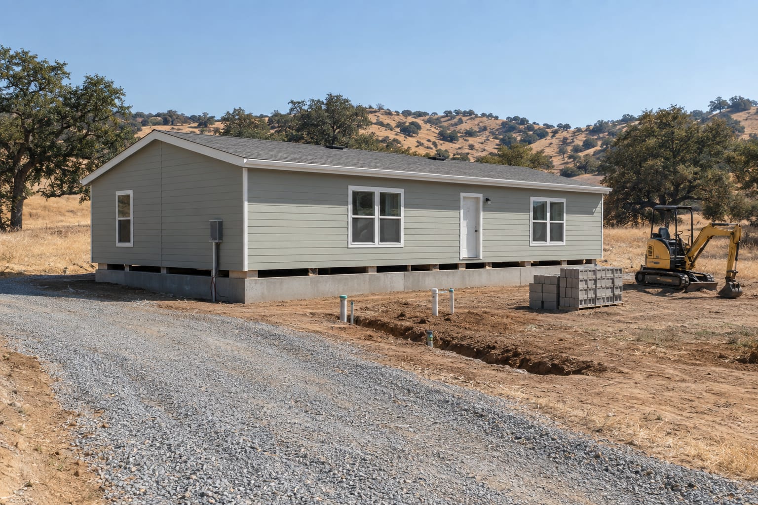 A new double-wide manufactured home just set on a low perimeter foundation on a graded lot, with no skirting or steps yet and golden hills behind
