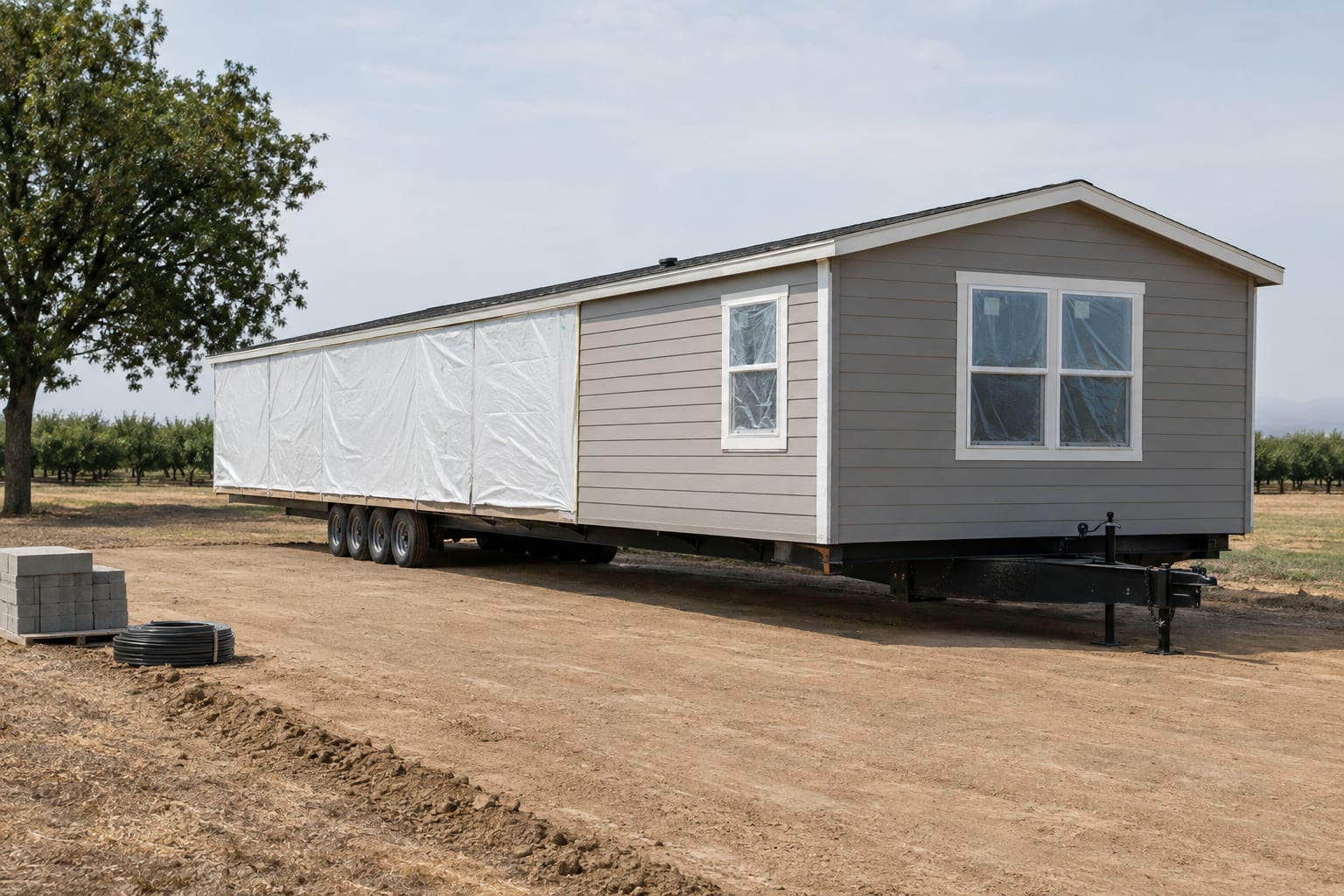 A new manufactured home section still on its transport chassis parked beside a freshly prepared pad with utility stubs showing