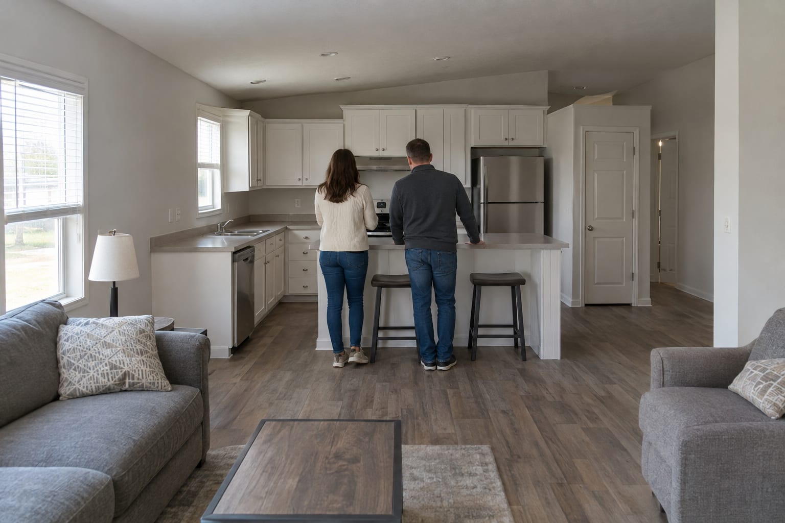 Two people seen from behind standing at the kitchen island of a new model manufactured home with white cabinets and bare counters.