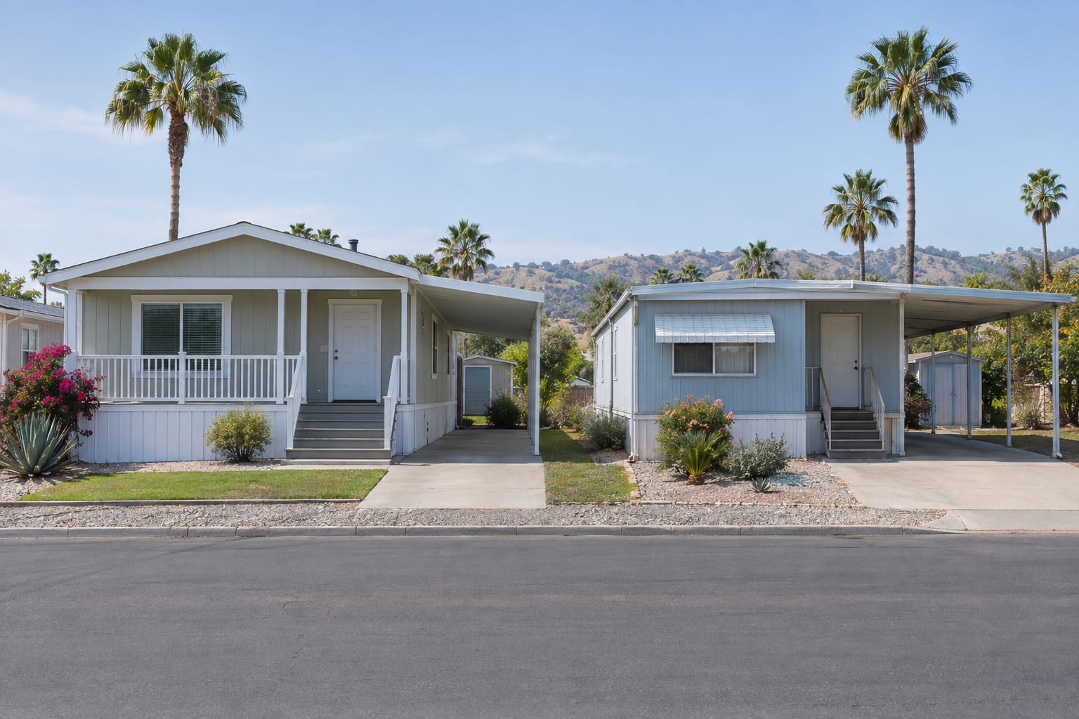 A newer double-wide manufactured home with a covered porch beside an older single-wide with a metal awning, on the same community street in Southern California