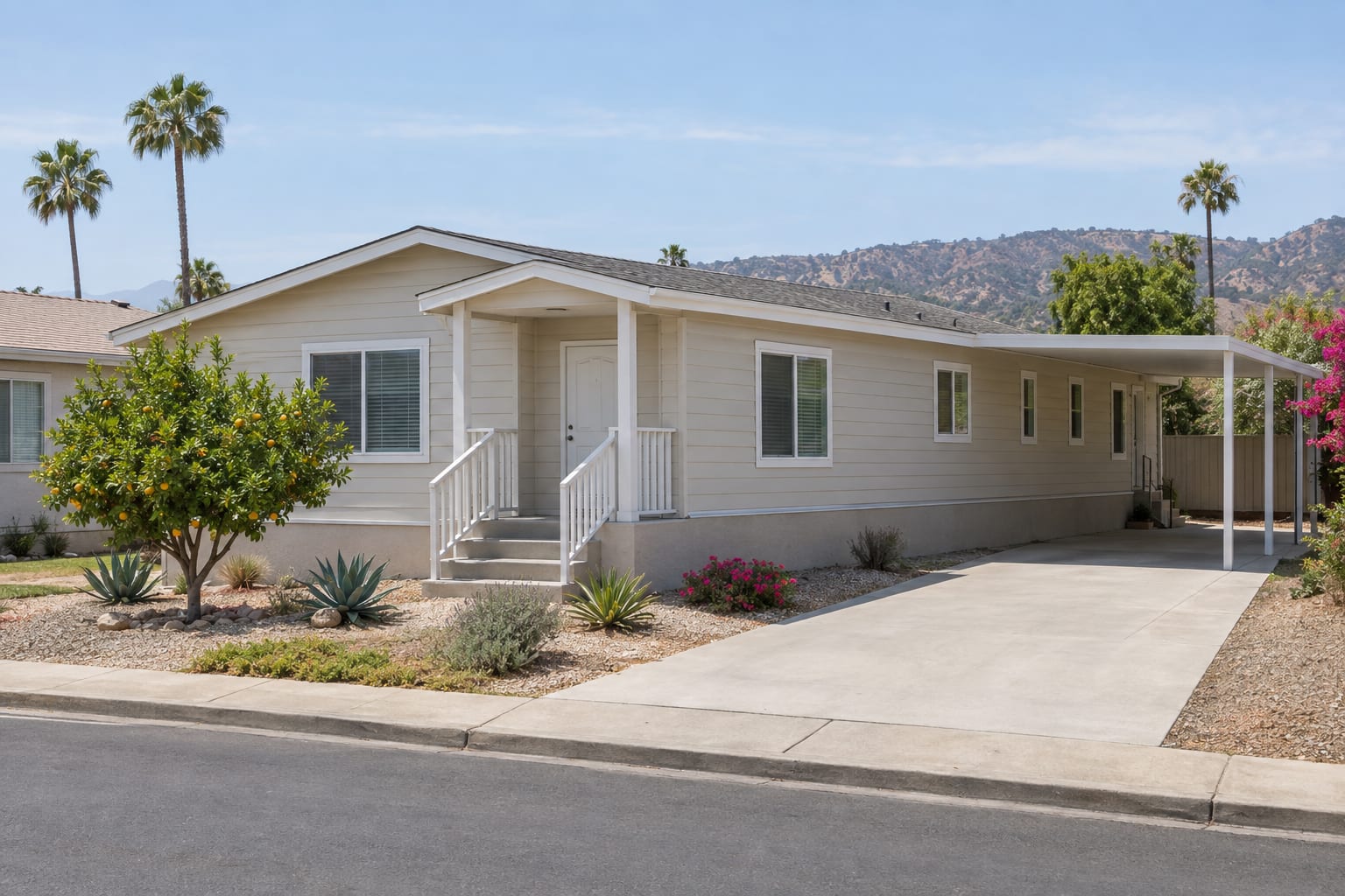 A newer double-wide manufactured home on a low perimeter foundation on a residential lot, with a concrete driveway and a citrus tree in the front yard.