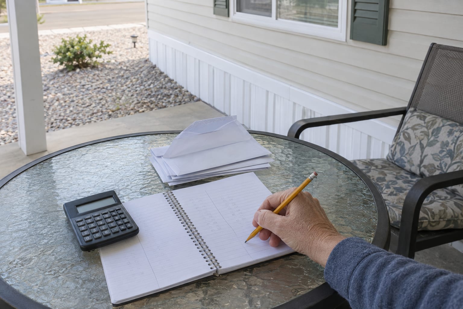 A hand holding a pencil over a notebook ruled into two columns, beside a calculator and opened envelopes on a patio table.