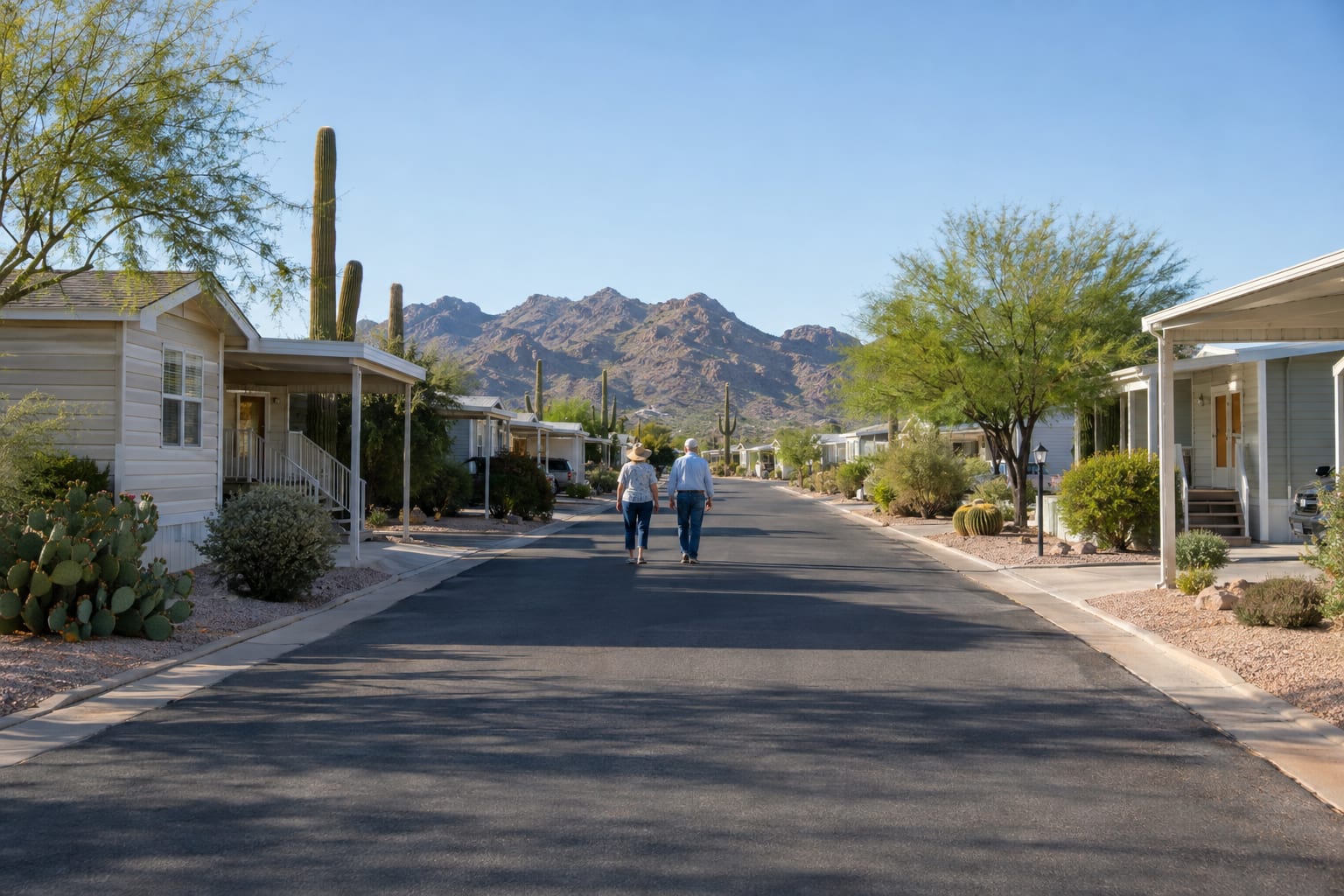 Two older adults seen from behind walking down a quiet street lined with manufactured homes and carports.