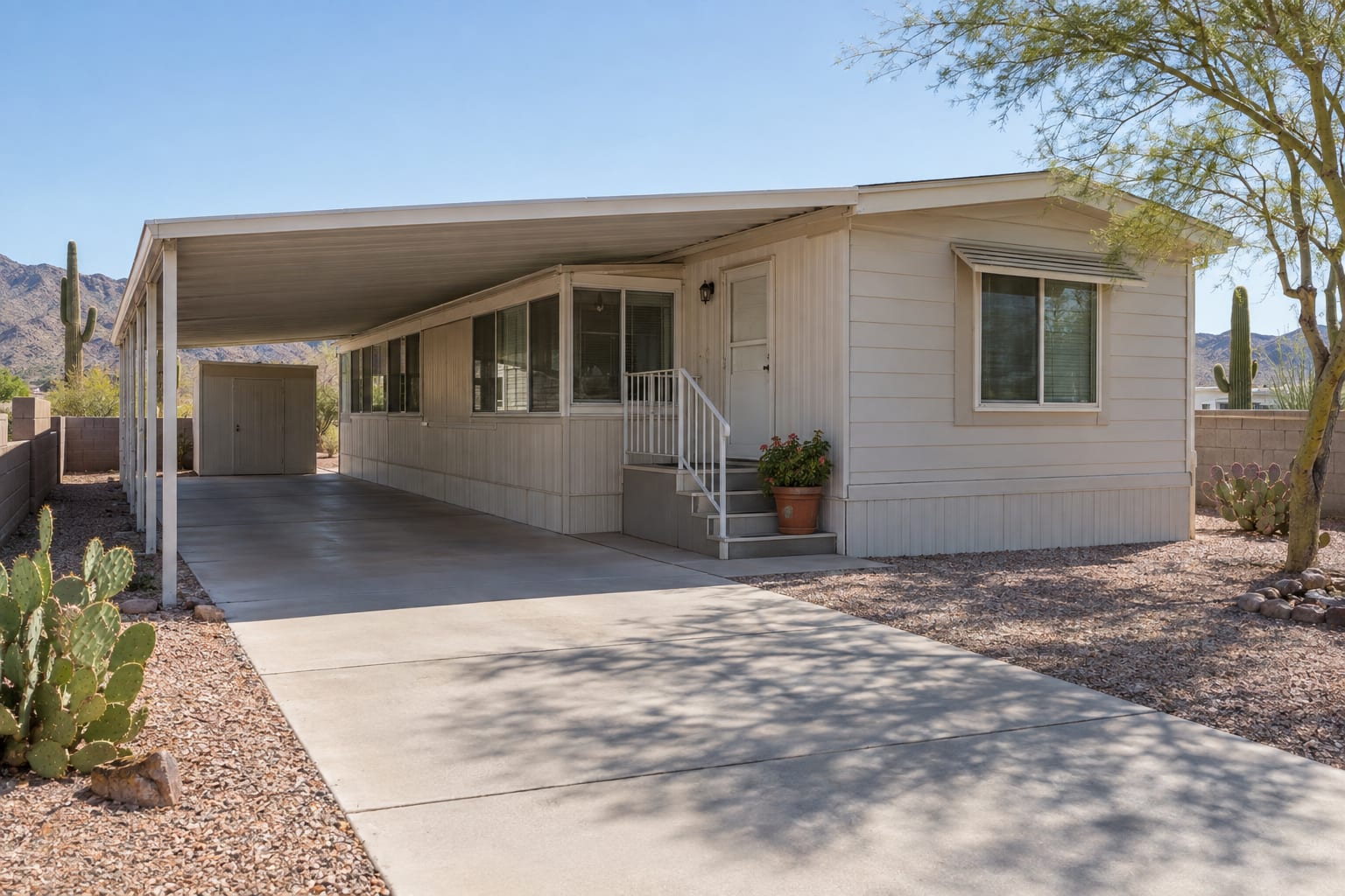 An older double-wide manufactured home on its own Arizona lot with an enclosed room addition built onto one end and a carport along the side