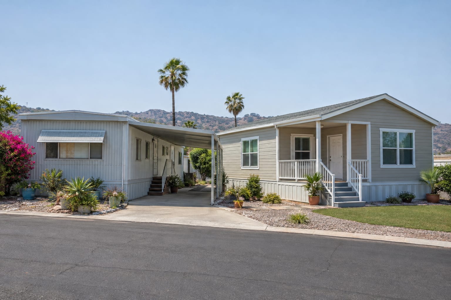 An older flat-roofed single-wide mobile home with aluminum siding next to a newer double-wide manufactured home with a pitched shingle roof