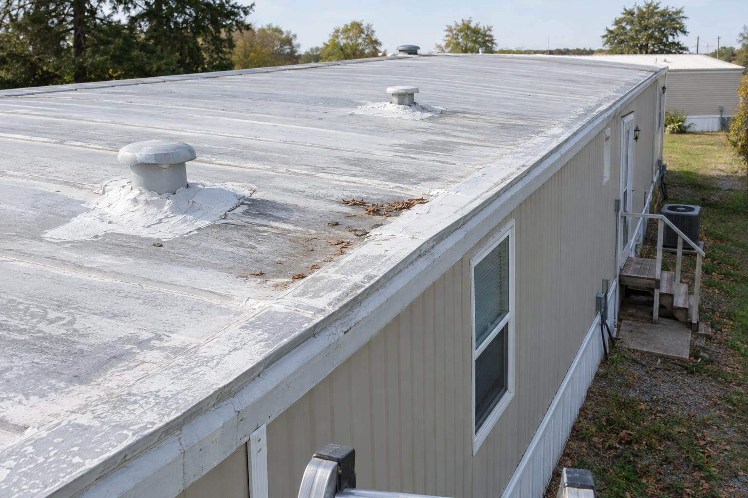 The low-slope metal roof of an older single-wide manufactured home seen from the top of a ladder, with patching around the roof vents and worn roof coating