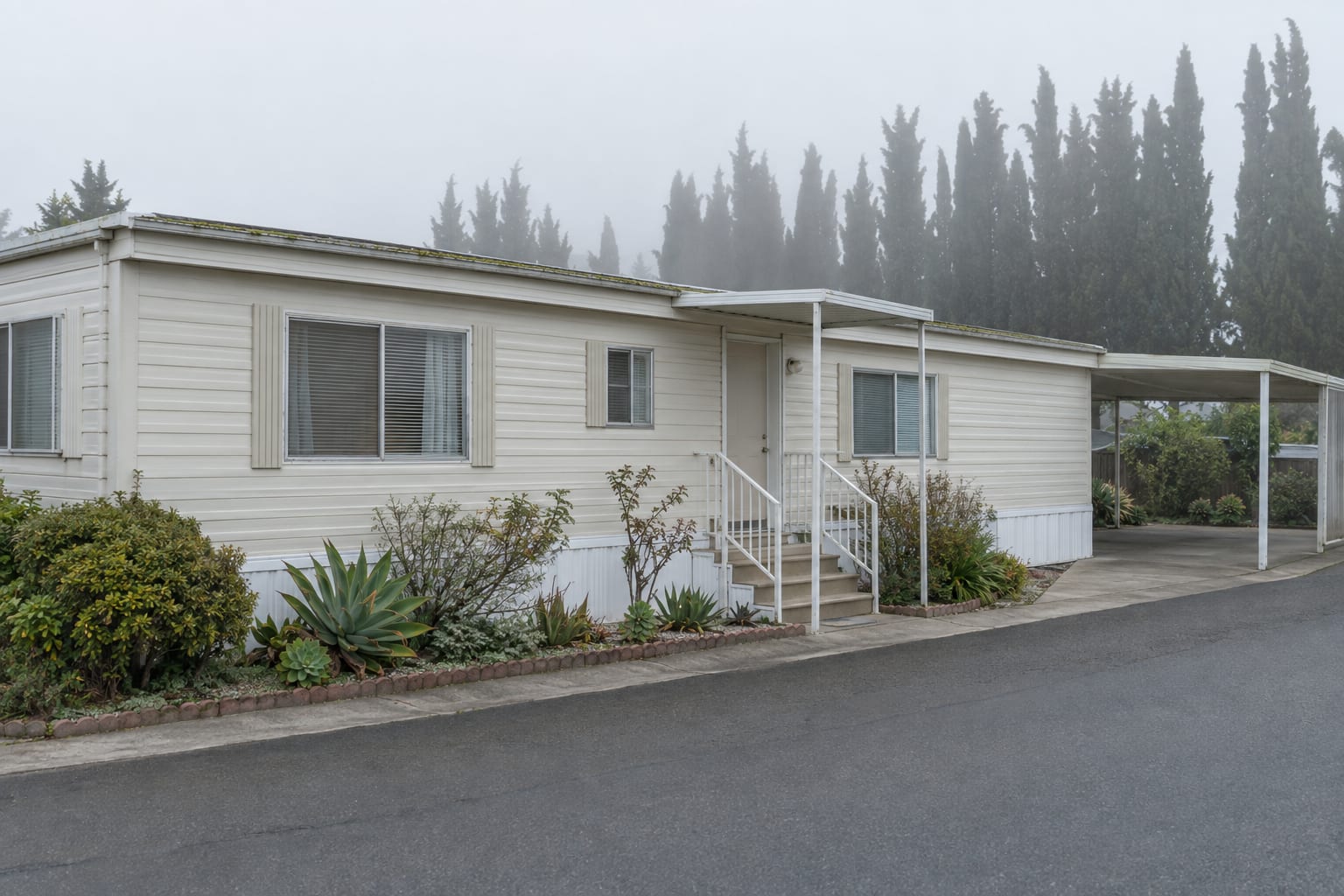 An older single-wide manufactured home with pale metal siding, a flat awning over the entry steps and a carport, under a grey overcast sky