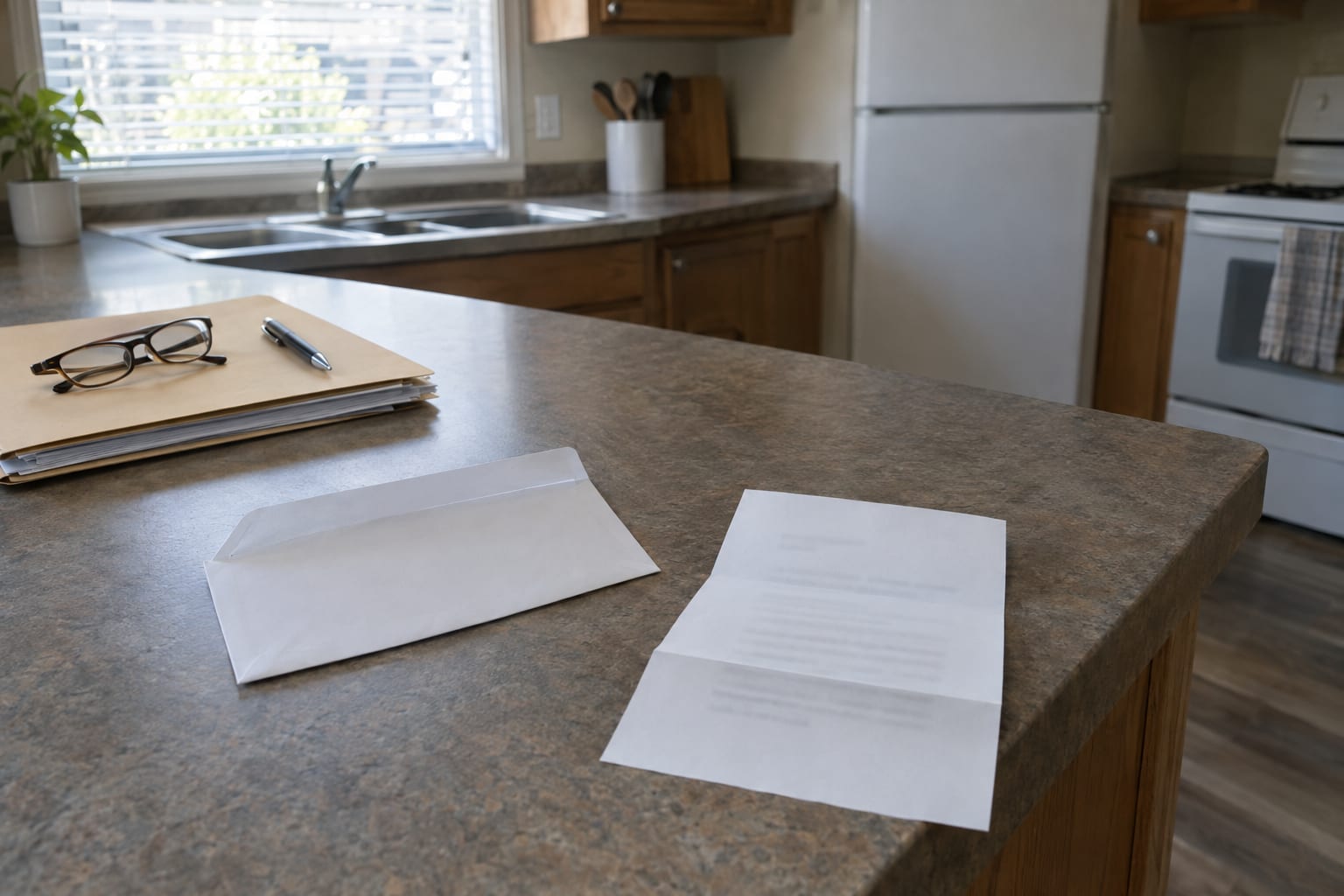 An opened envelope and a folded letter on a kitchen counter beside a folder of household papers and a pair of reading glasses