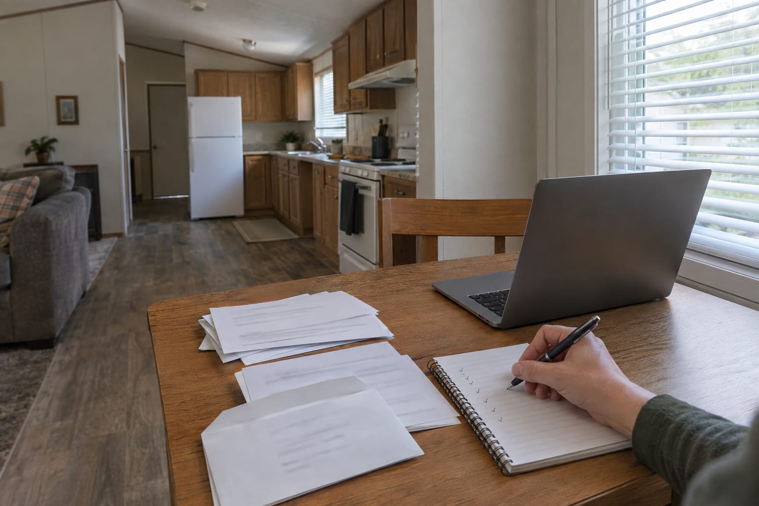 Opened mail, a notepad and a pen on a small desk, the papers' print blurred, arranged for paying bills