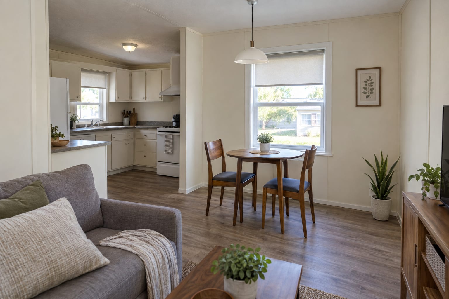 A corner of a manufactured home living room with freshly painted light walls, painted batten strips, a new pendant light and white trim around a window.