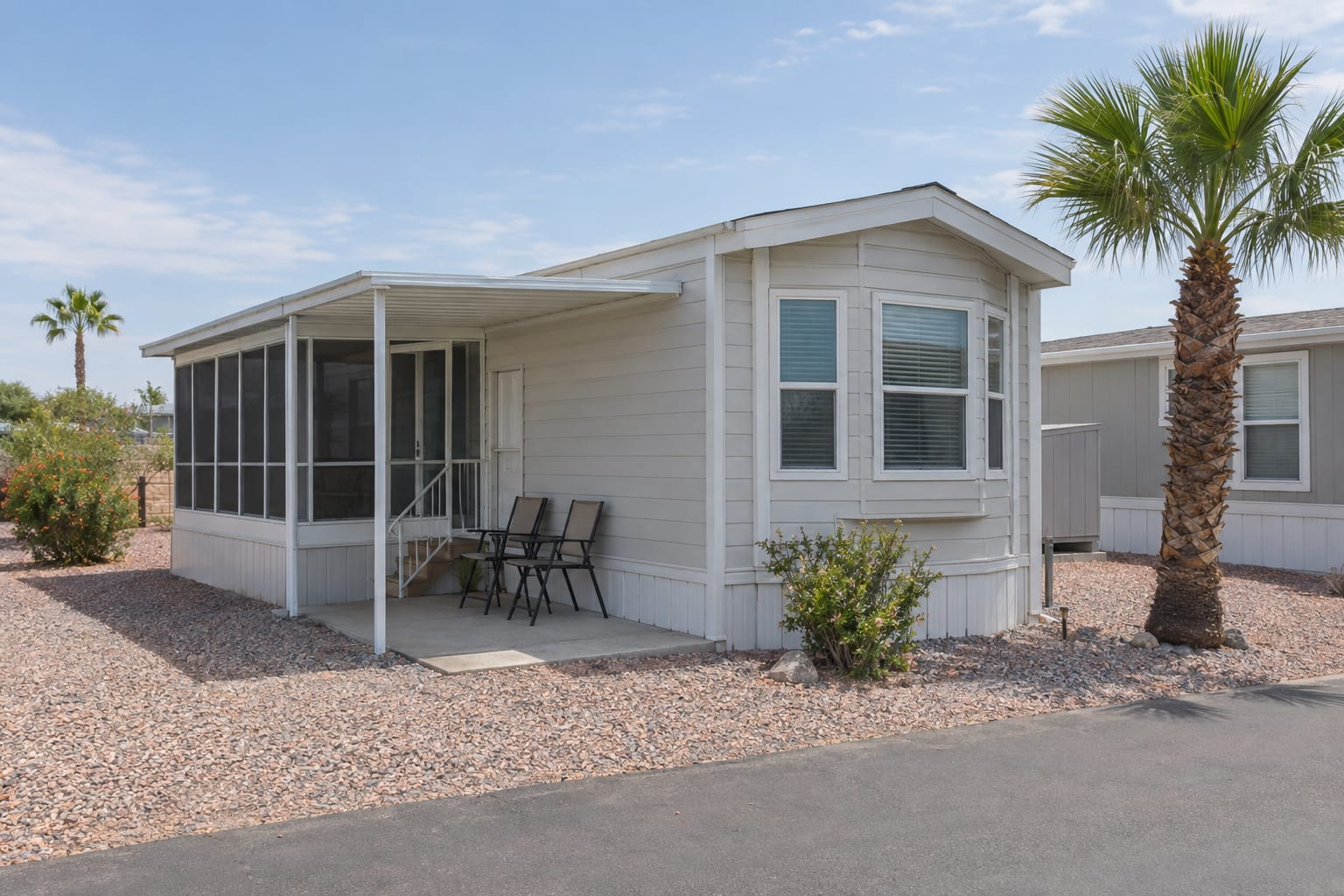A small park model unit with an enclosed sunroom addition and a patio on a gravel site in a desert RV resort.
