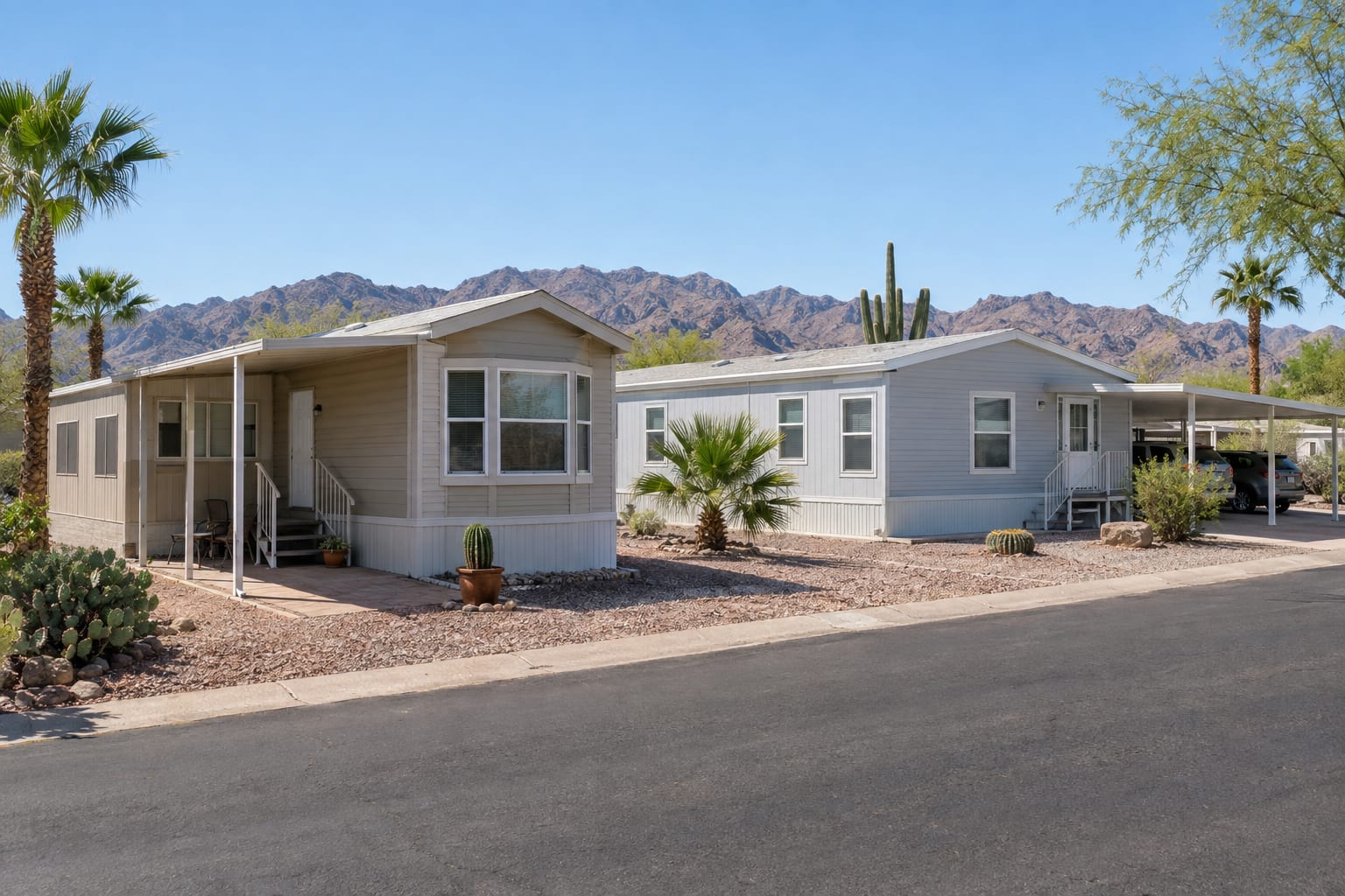 A small park-model unit with a patio awning and an added side room next to a much larger manufactured home on a gravel-landscaped street.